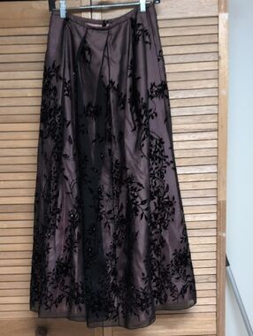 David Meister Peach Satin Maxi Skirt with Black Burnout Floral